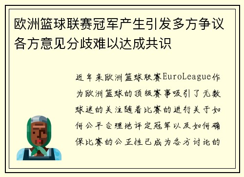 欧洲篮球联赛冠军产生引发多方争议各方意见分歧难以达成共识
